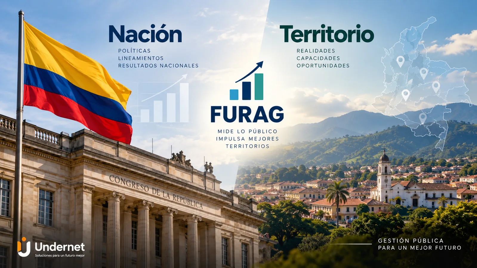 Bandera de Colombia frente al Congreso de la República con representación gráfica de los resultados del FURAG entre nación y territorio