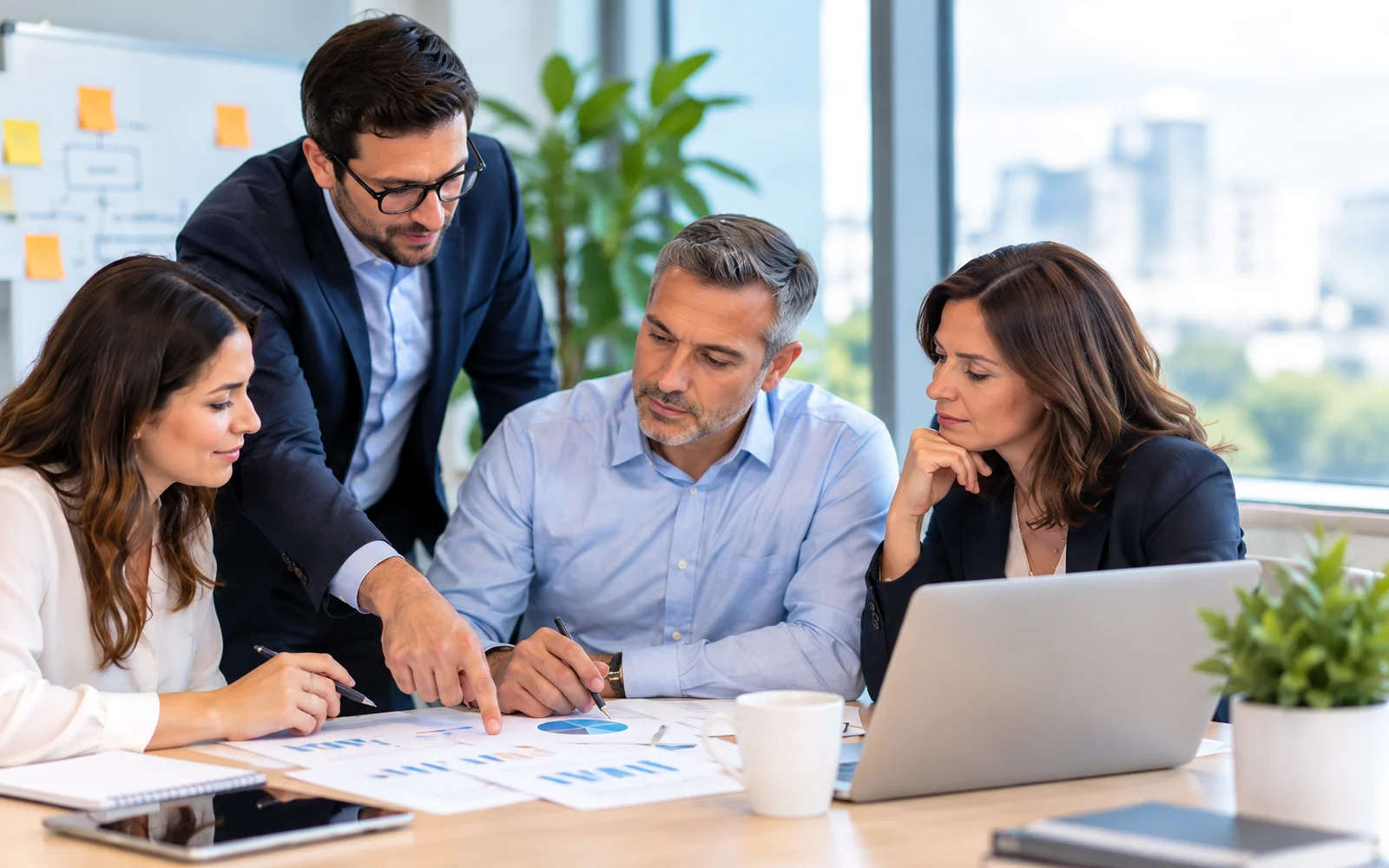 Equipo profesional analizando información y trabajando de manera colaborativa.