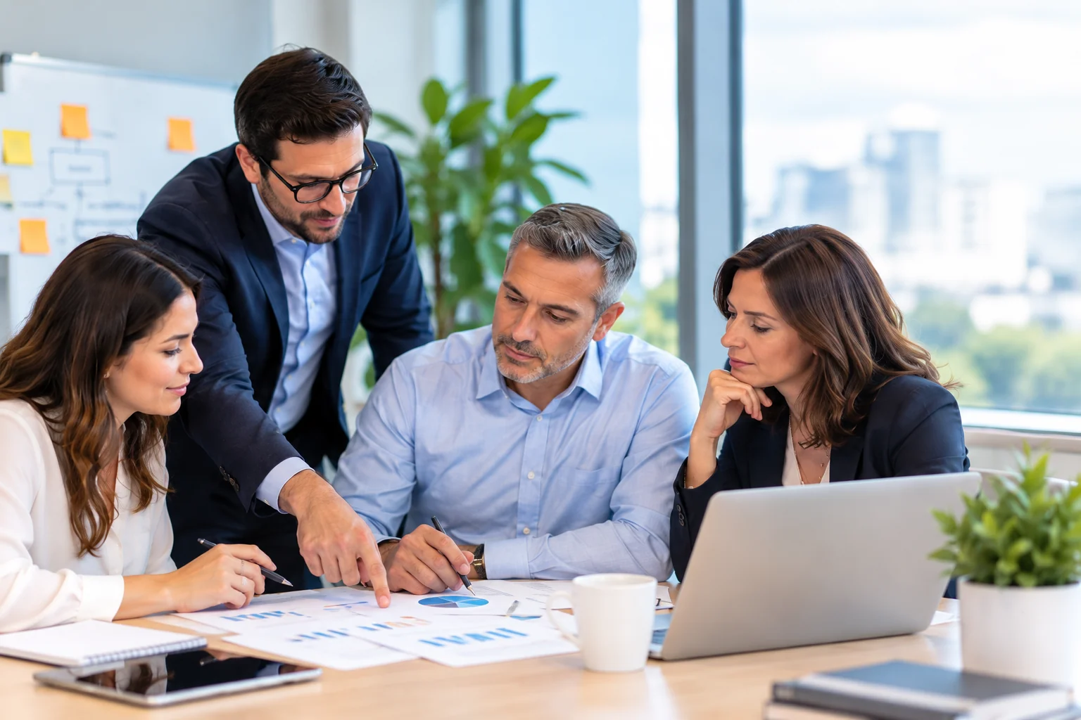 Equipo profesional analizando información y trabajando de forma colaborativa durante una asesoría.