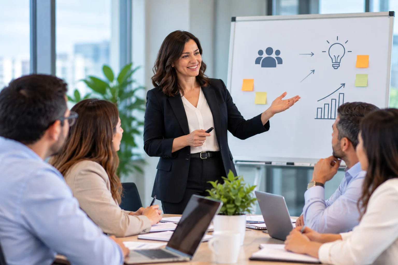 Facilitadora desarrollando una sesión de capacitación con un grupo de profesionales.