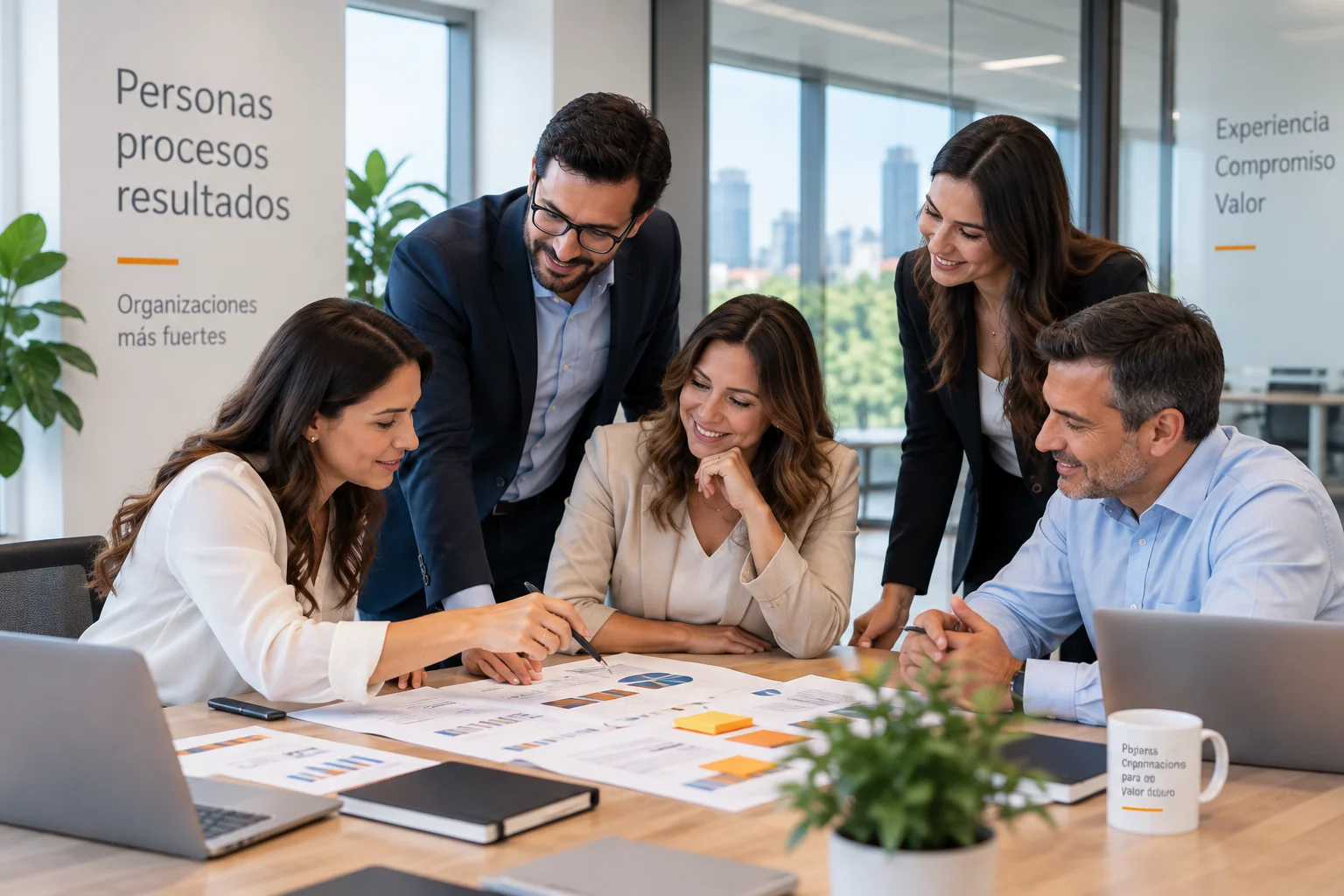 Equipo profesional colaborando en el análisis de información y resultados organizacionales.